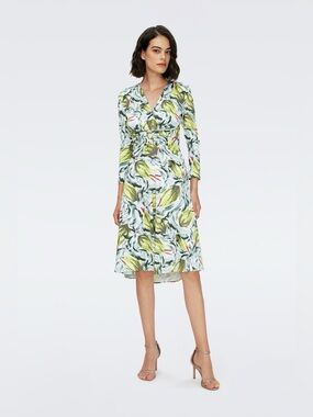 DVF Abstract Floral Jersey Dress in Yellow and White M